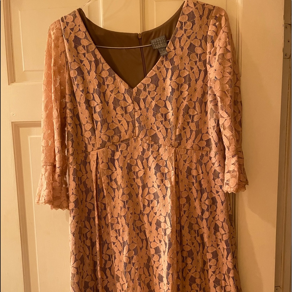 Beautiful dusty pink color lace dress with bell sleeves. Zippered back